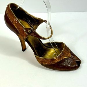 Prada Vintage Brown with Gold Sequin Peep Toe Heels, Size 38